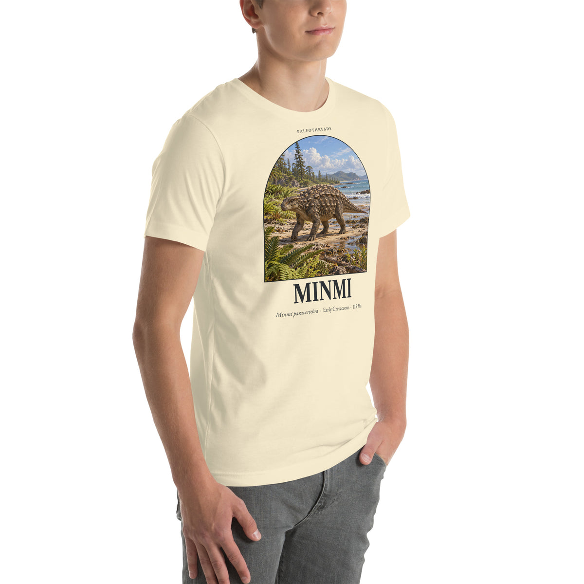 Minmi T-shirt in Natural, right front view — Deep Time Atlas Plate 093, PaleoThreads