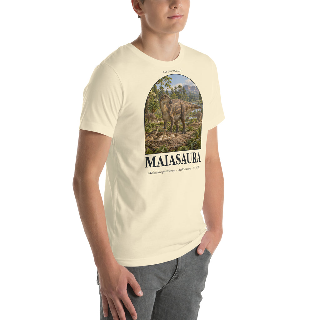 Maiasaura T-shirt in Natural, right front view — Deep Time Atlas Plate 074, PaleoThreads