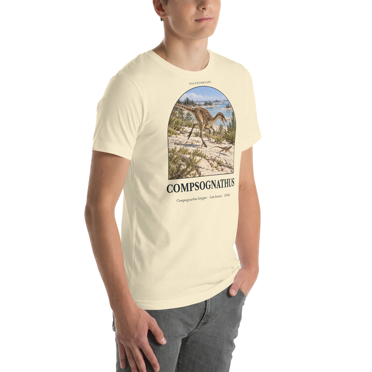 Compsognathus T-shirt in Natural, right front view — Deep Time Atlas Plate 030, PaleoThreads