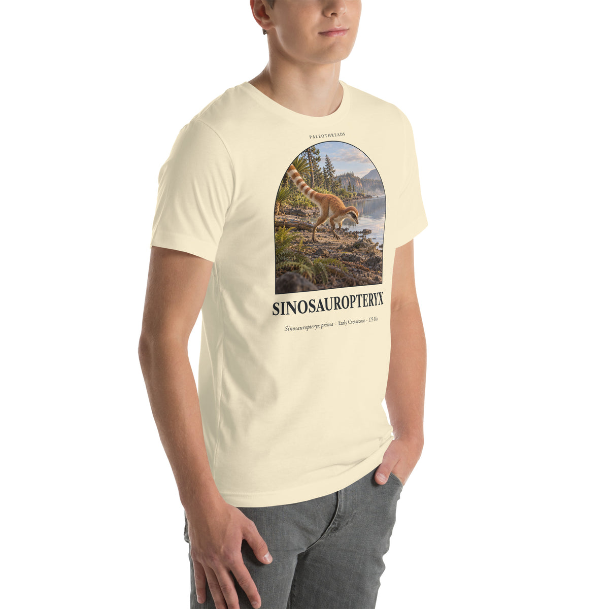 Sinosauropteryx T-shirt in Natural, right front view — Deep Time Atlas Plate 027, PaleoThreads