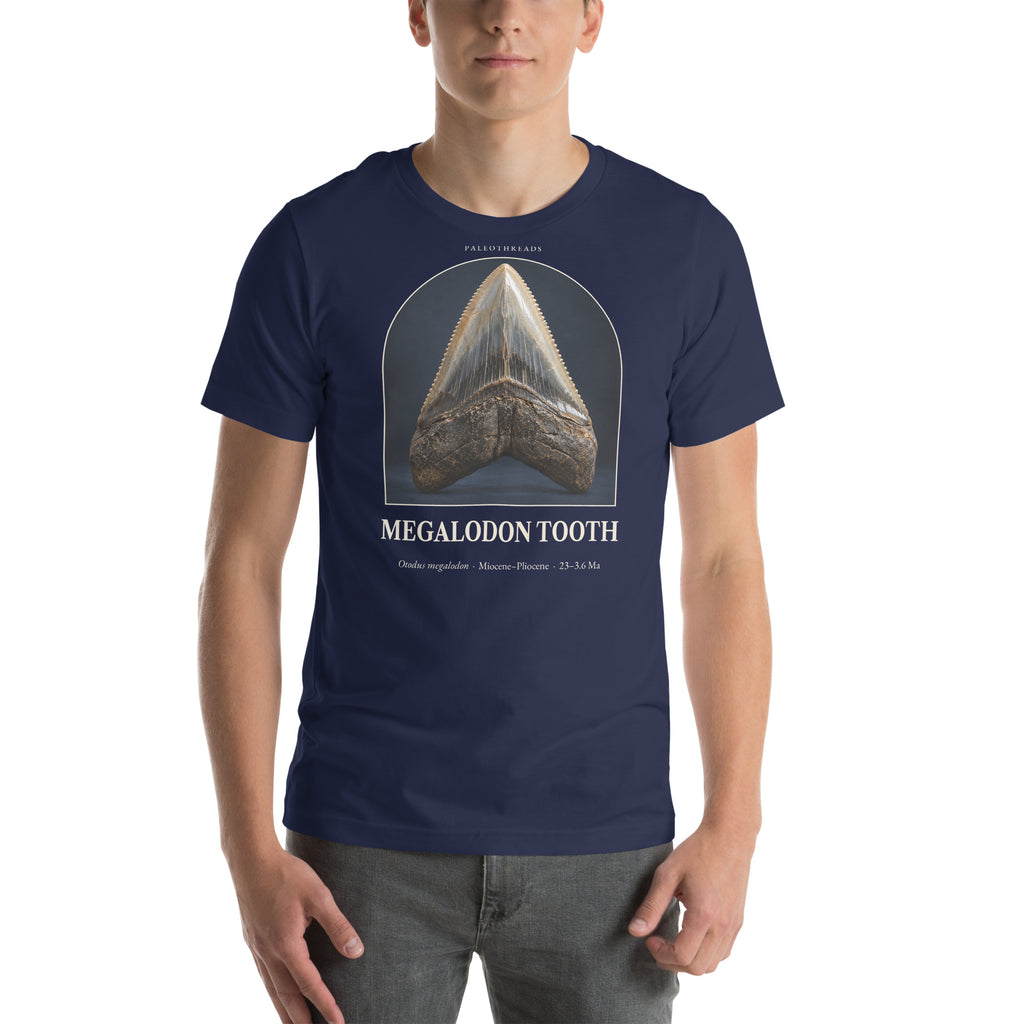 Megalodon tooth specimen T-shirt in Navy — Deep Time Atlas Plate 173, PaleoThreads