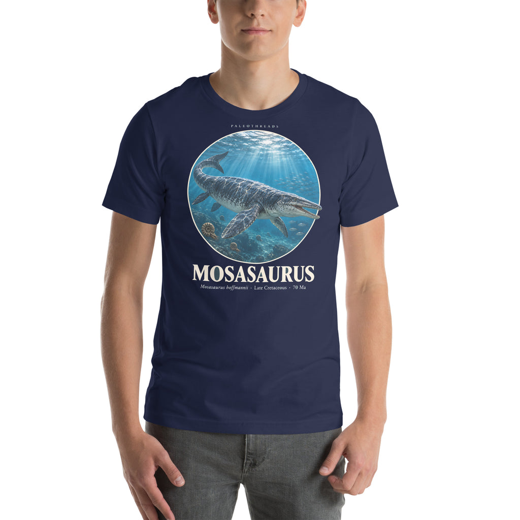 Mosasaurus T-shirt in Navy — Deep Time Atlas Plate 006, PaleoThreads