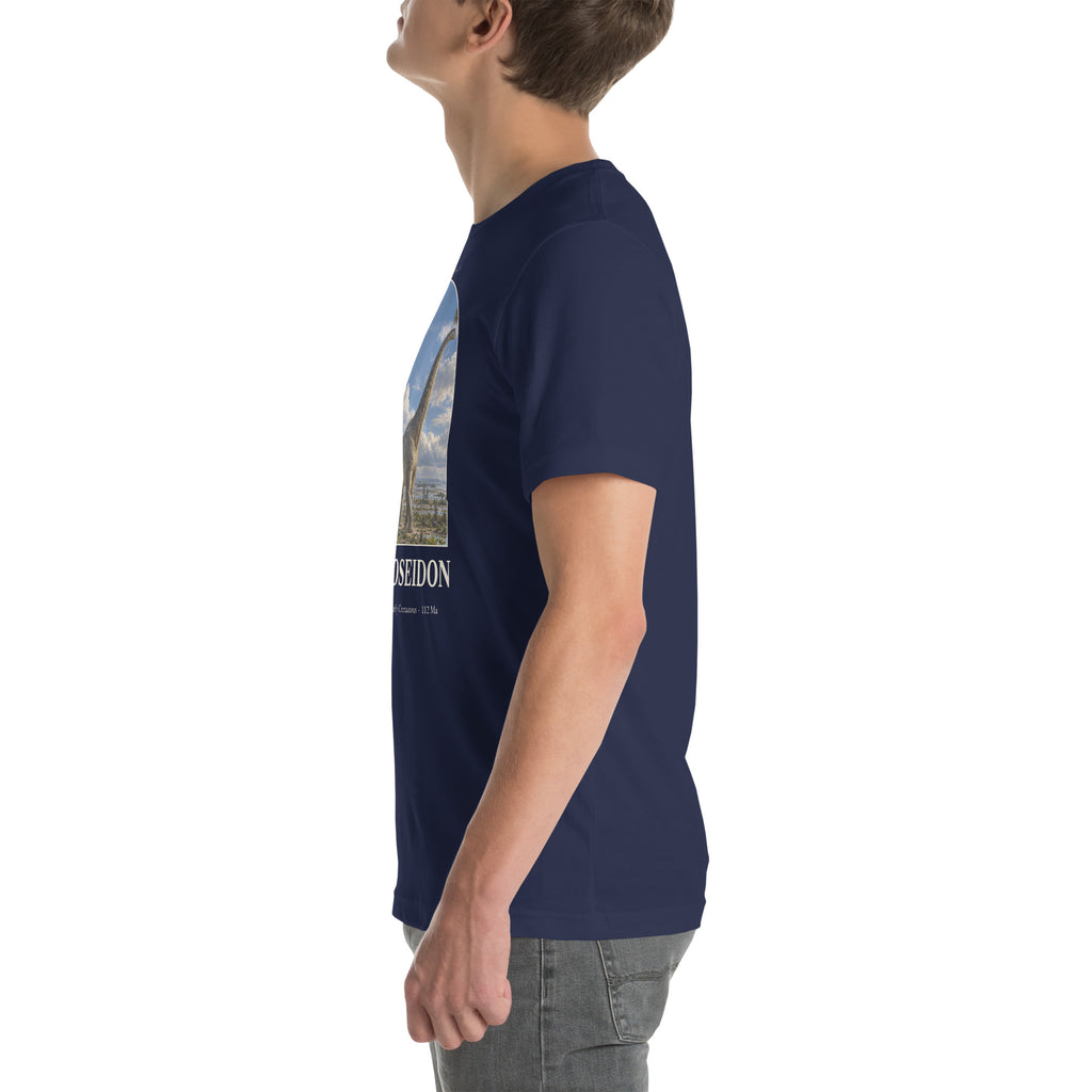 Sauroposeidon T-shirt in Navy, left view — Deep Time Atlas Plate 057, PaleoThreads