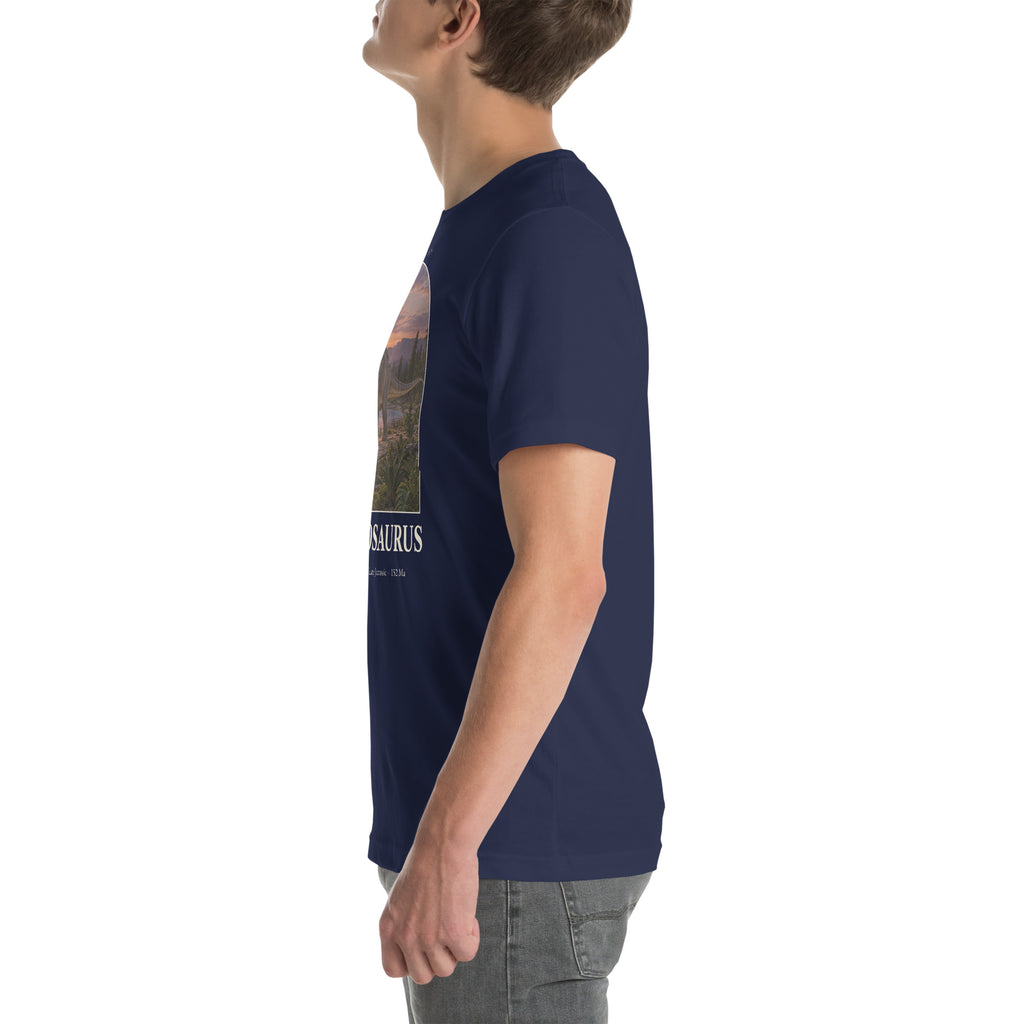 Brontosaurus T-shirt in Navy, left view — Deep Time Atlas Plate 047, PaleoThreads