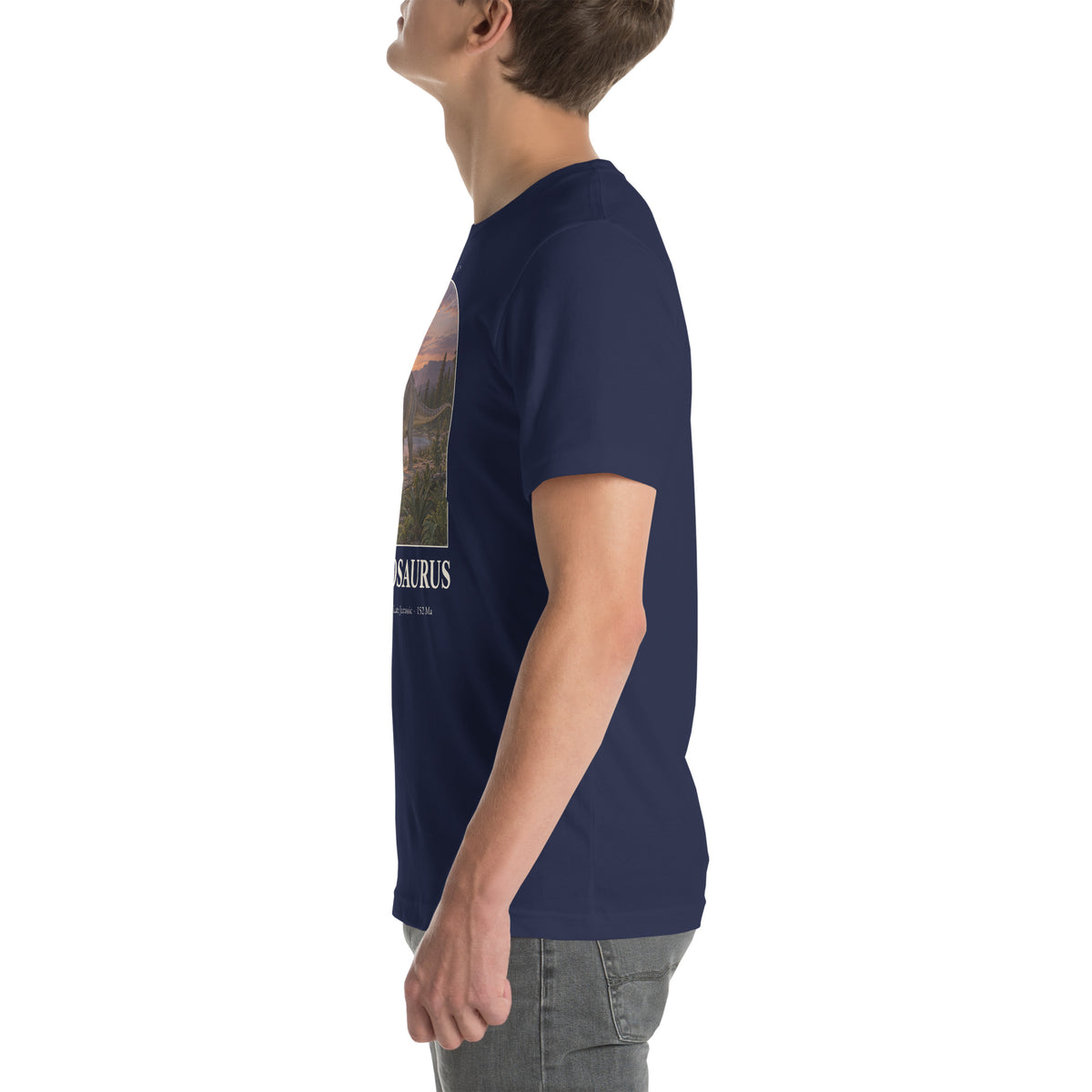 Brontosaurus T-shirt in Navy, left view — Deep Time Atlas Plate 047, PaleoThreads