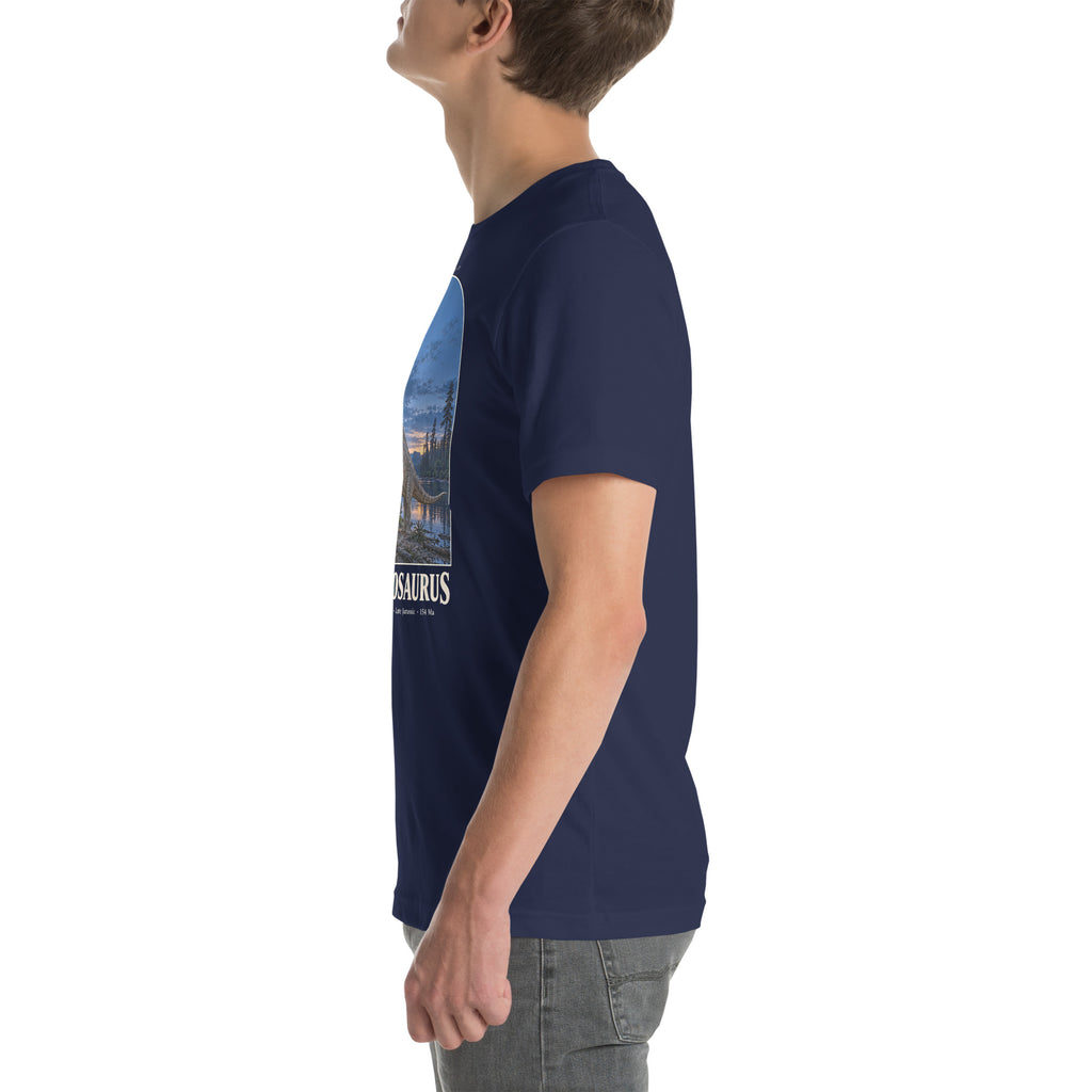 Brachiosaurus T-shirt in Navy, left view — Deep Time Atlas Plate 010, PaleoThreads