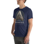 Megalodon tooth specimen T-shirt in Navy, left front view — Deep Time Atlas Plate 173, PaleoThreads