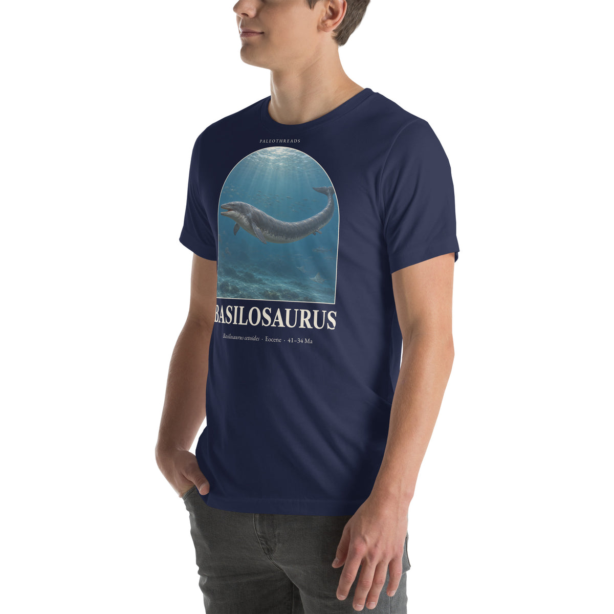 Basilosaurus T-shirt in Navy, left front view — Deep Time Atlas Plate 165, PaleoThreads