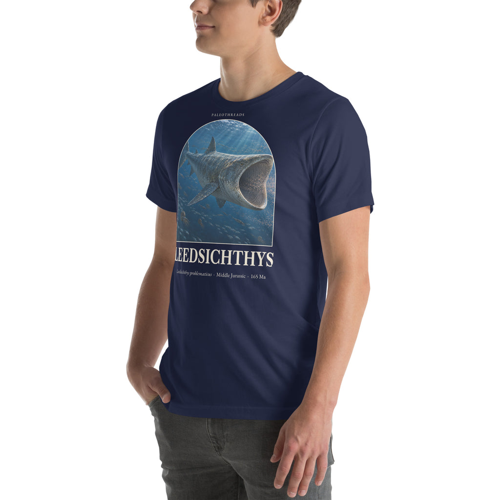Leedsichthys T-shirt in Navy, left front view — Deep Time Atlas Plate 153, PaleoThreads