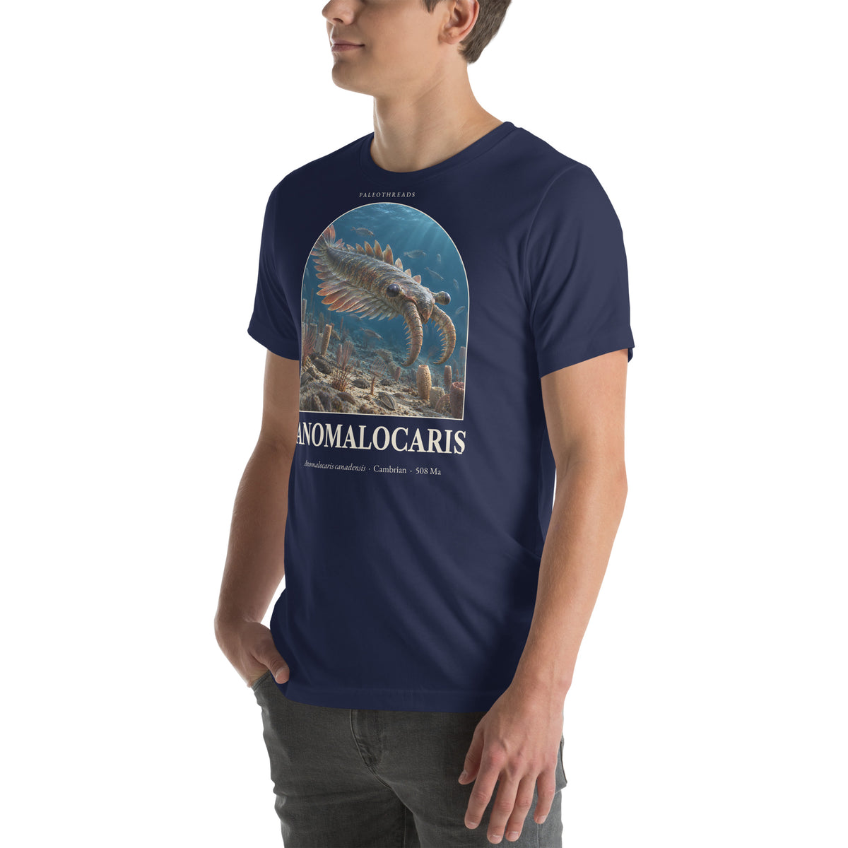 Anomalocaris T-shirt in Navy, left front view — Deep Time Atlas Plate 138, PaleoThreads