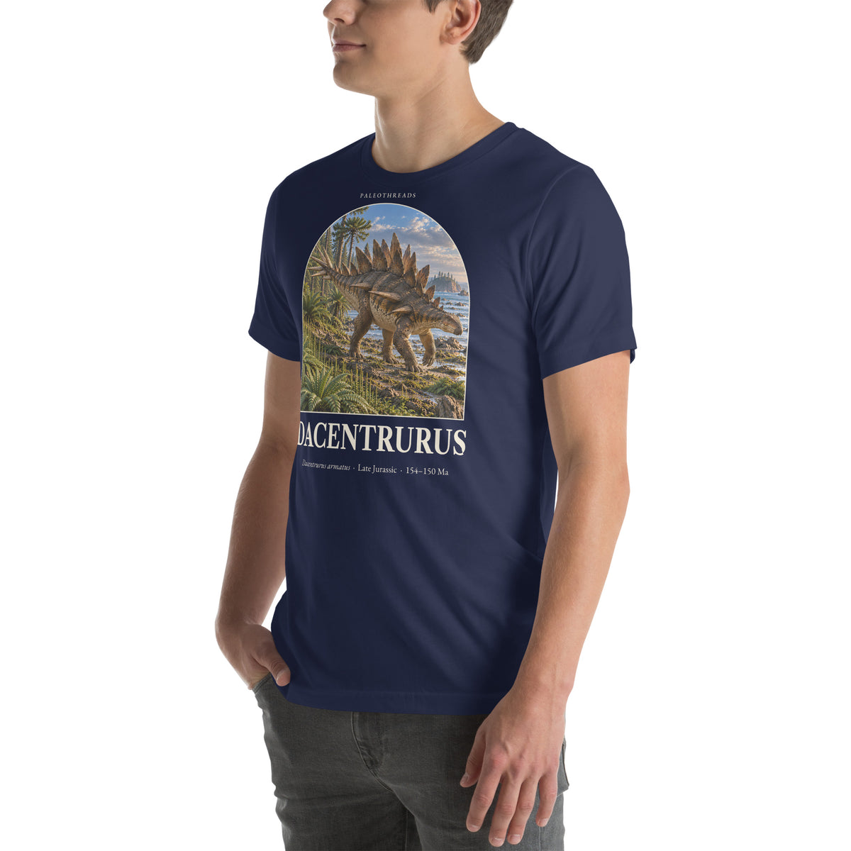 Dacentrurus T-shirt in Navy, left front view — Deep Time Atlas Plate 092, PaleoThreads