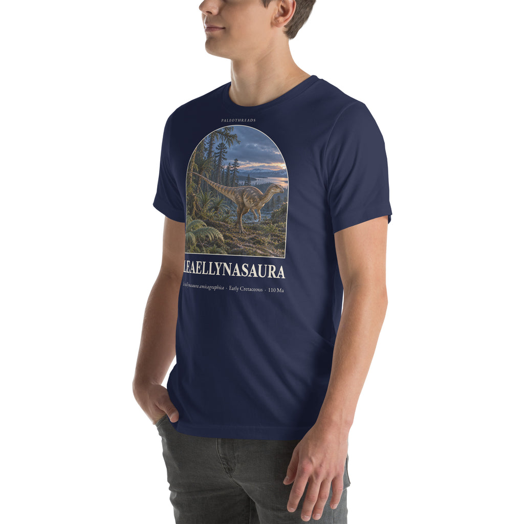 Leaellynasaura T-shirt in Navy, left front view — Deep Time Atlas Plate 081, PaleoThreads