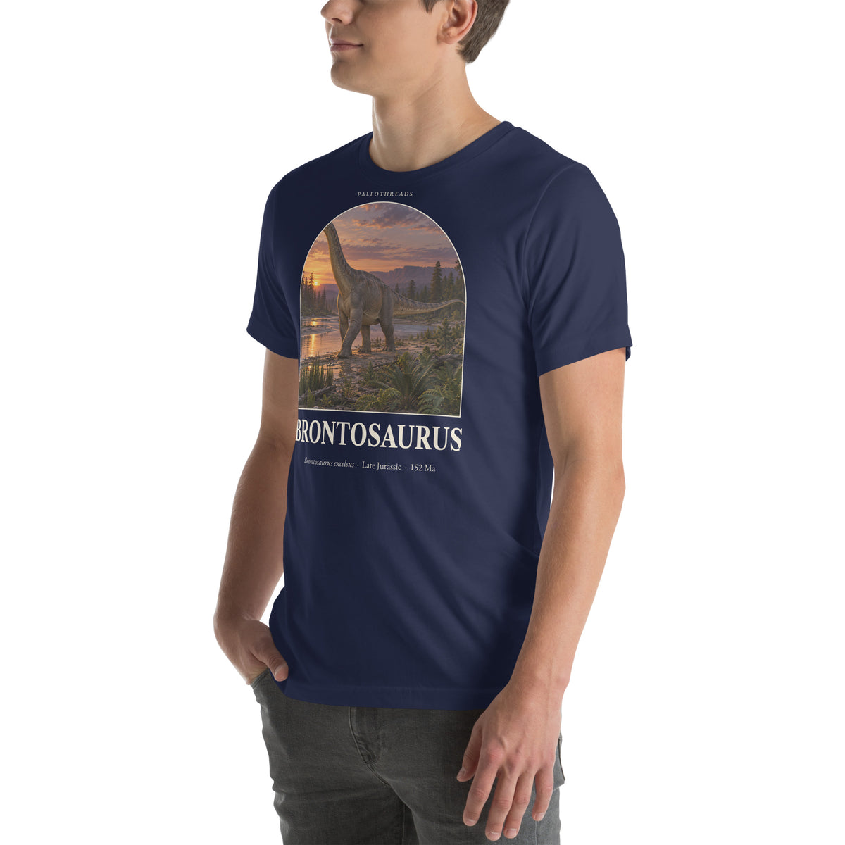 Brontosaurus T-shirt in Navy, left front view — Deep Time Atlas Plate 047, PaleoThreads