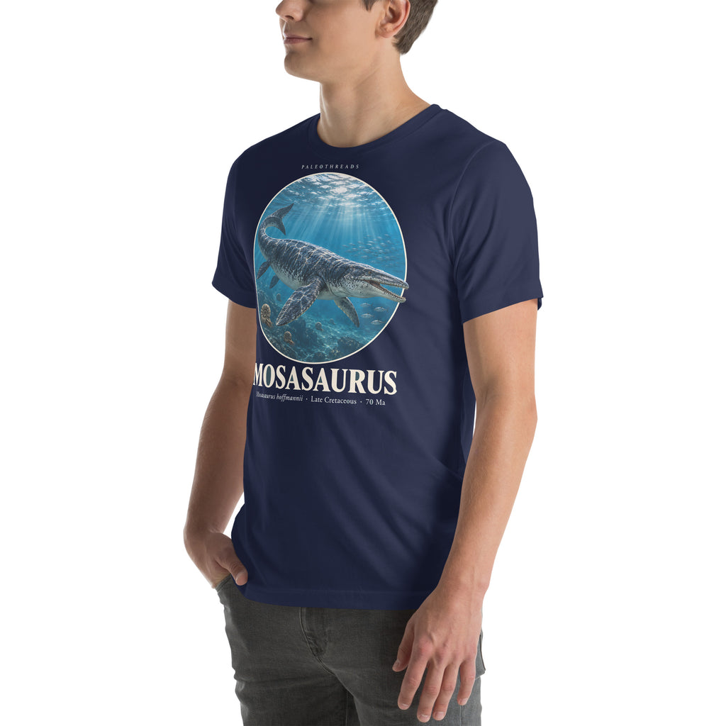 Mosasaurus T-shirt in Navy, left front view — Deep Time Atlas Plate 006, PaleoThreads