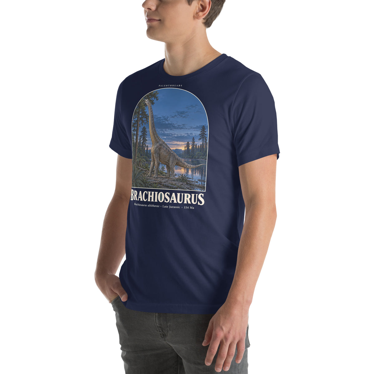 Brachiosaurus T-shirt in Navy, left front view — Deep Time Atlas Plate 010, PaleoThreads