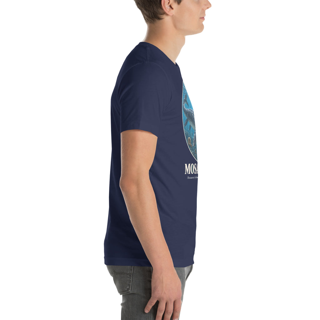 Mosasaurus T-shirt in Navy, right view — Deep Time Atlas Plate 006, PaleoThreads