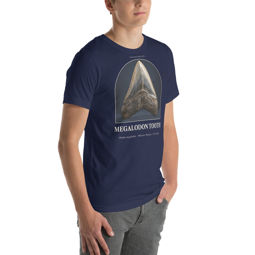 Megalodon tooth specimen T-shirt in Navy, right front view — Deep Time Atlas Plate 173, PaleoThreads