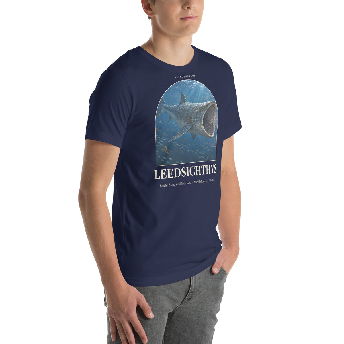Leedsichthys T-shirt in Navy, right front view — Deep Time Atlas Plate 153, PaleoThreads