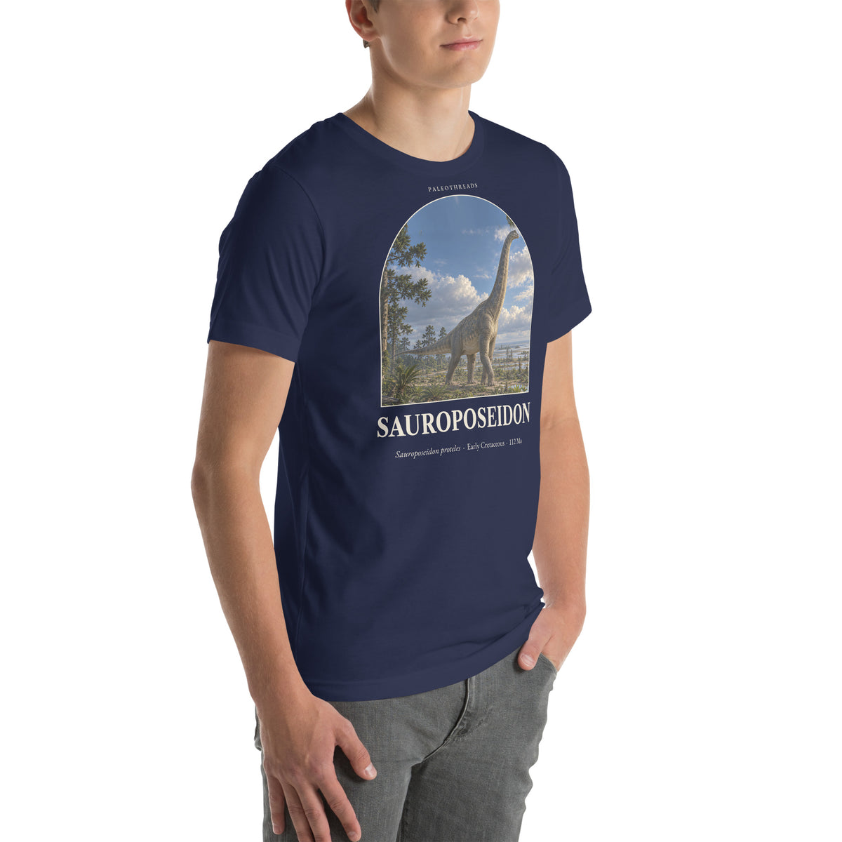 Sauroposeidon T-shirt in Navy, right front view — Deep Time Atlas Plate 057, PaleoThreads