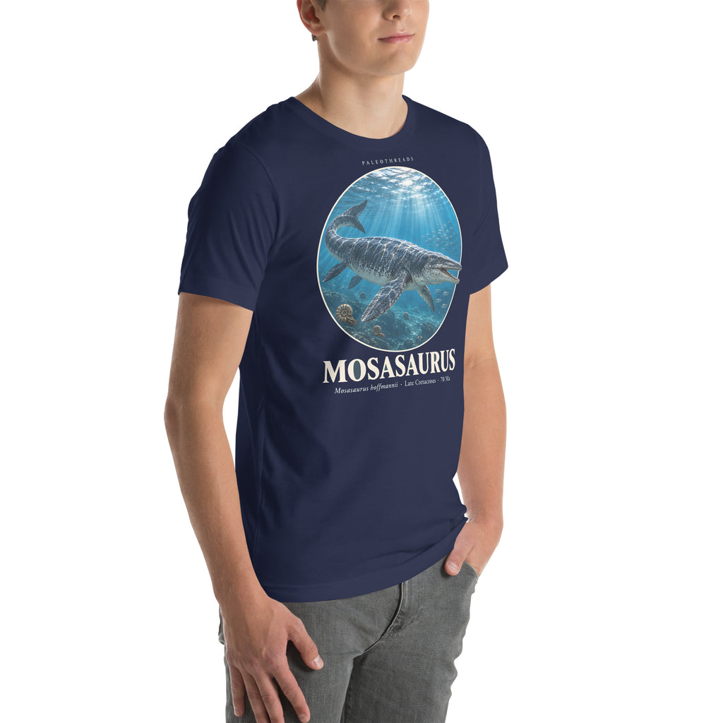 Mosasaurus T-shirt in Navy, right front view — Deep Time Atlas Plate 006, PaleoThreads