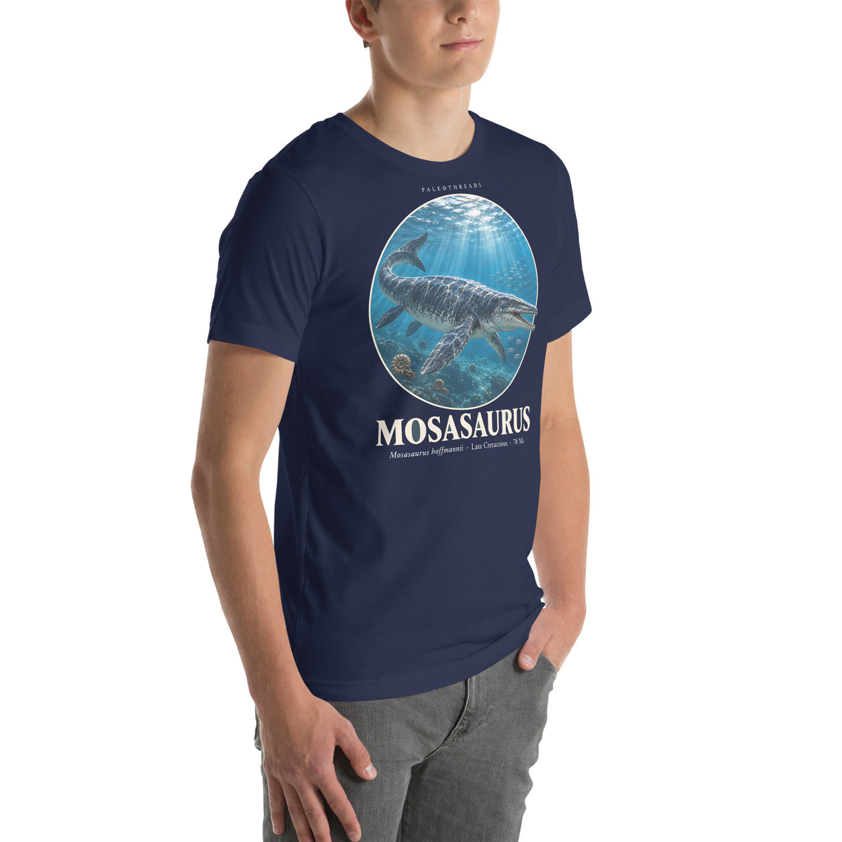 Mosasaurus T-shirt in Navy, right front view — Deep Time Atlas Plate 006, PaleoThreads