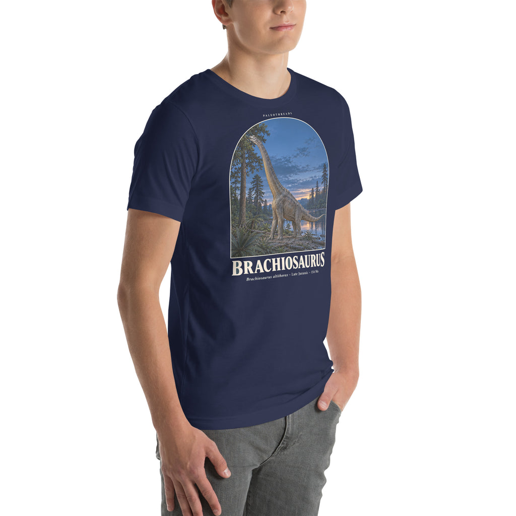 Brachiosaurus T-shirt in Navy, right front view — Deep Time Atlas Plate 010, PaleoThreads