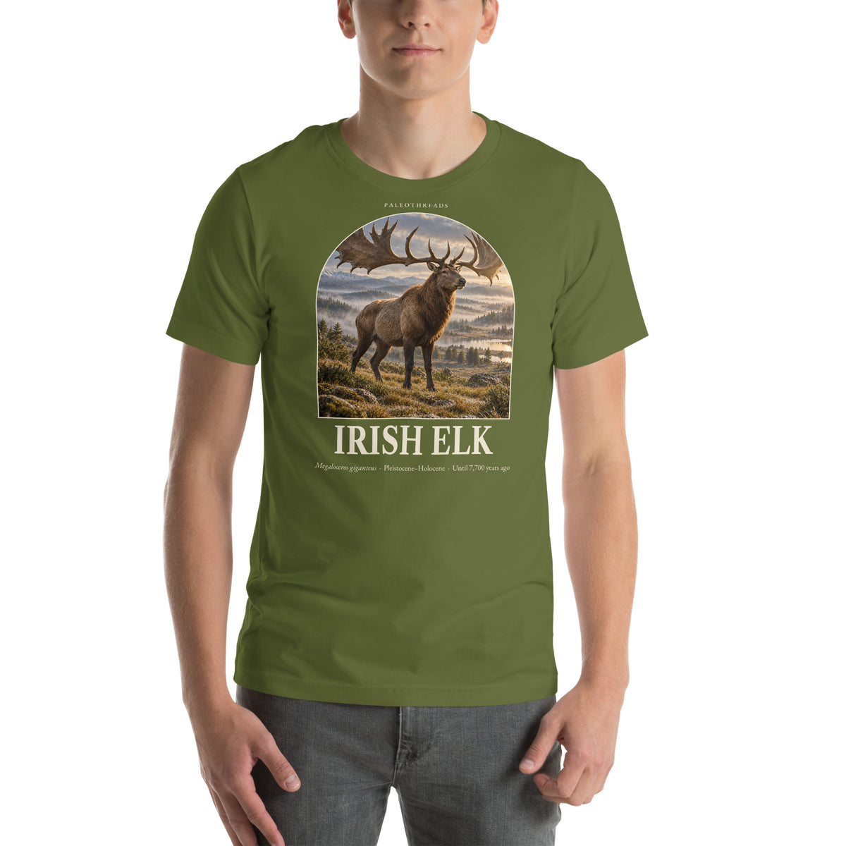 Irish elk T-shirt in Olive — Deep Time Atlas Plate 162, PaleoThreads