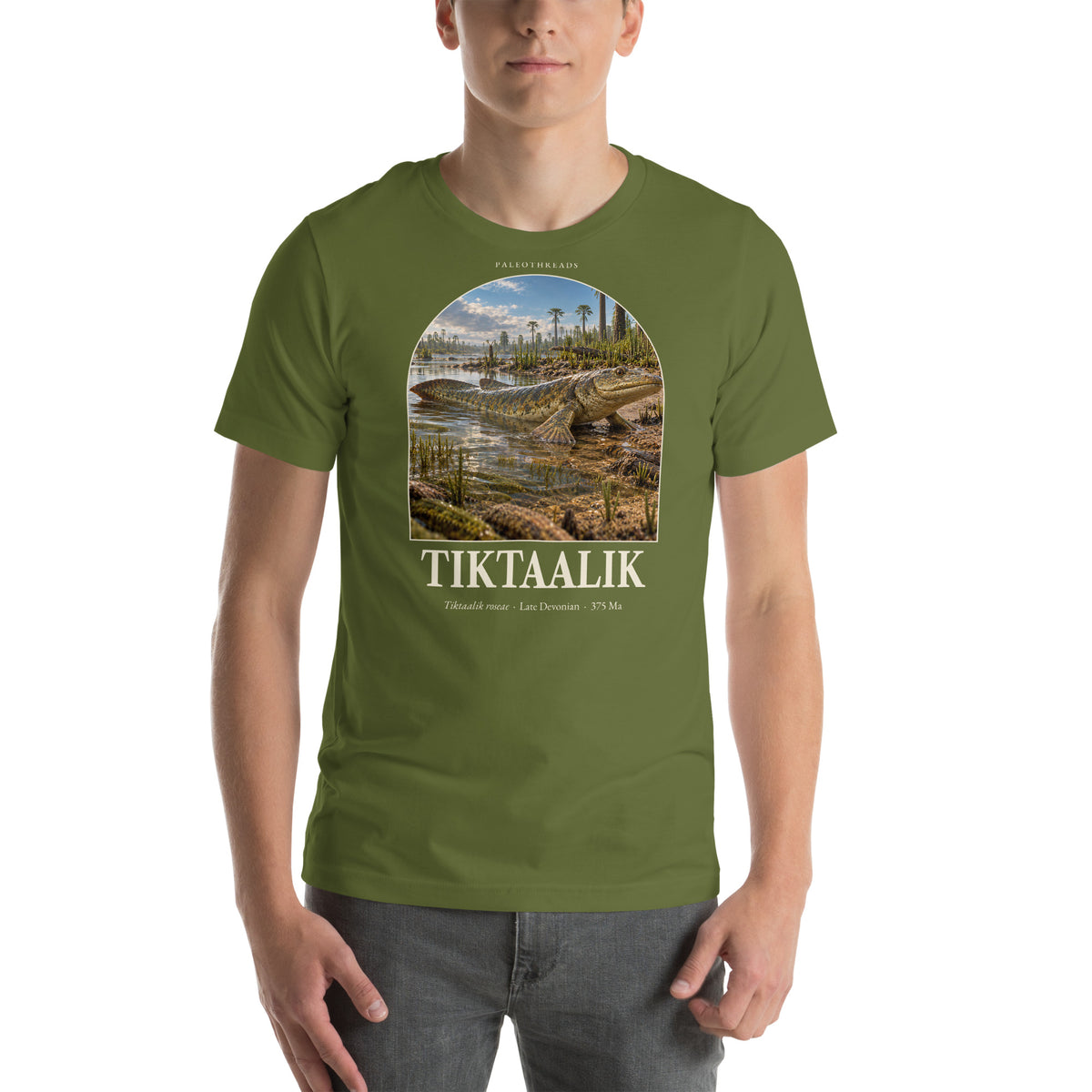 Tiktaalik T-shirt in Olive — Deep Time Atlas Plate 144, PaleoThreads