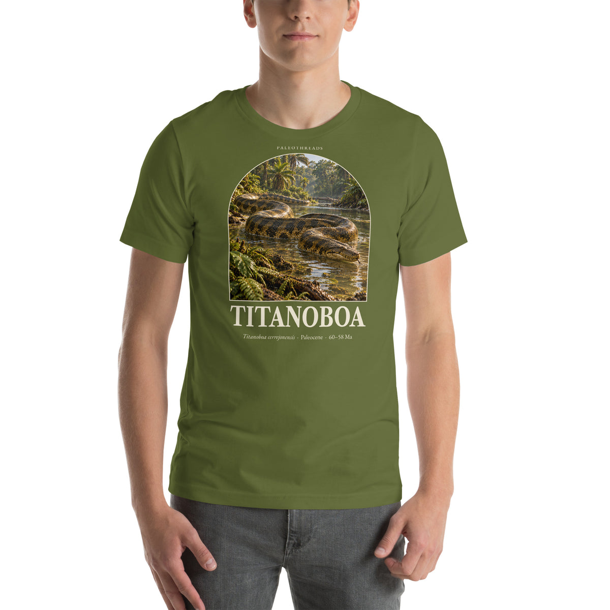 Titanoboa T-shirt in Olive — Deep Time Atlas Plate 128, PaleoThreads