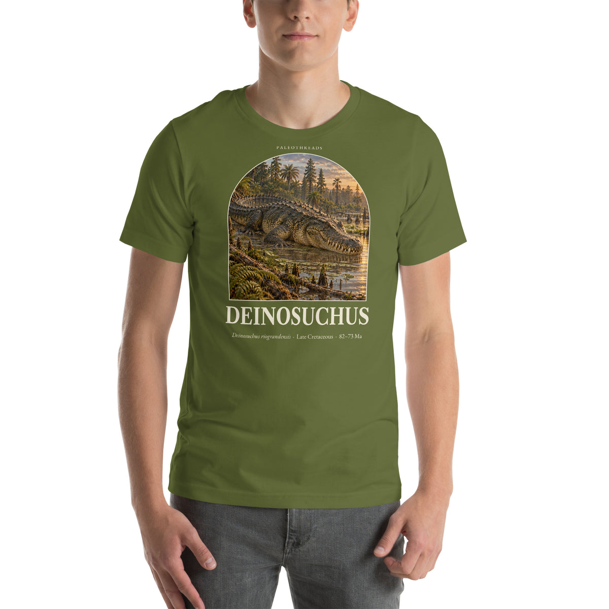 Deinosuchus T-shirt in Olive — Deep Time Atlas Plate 123, PaleoThreads