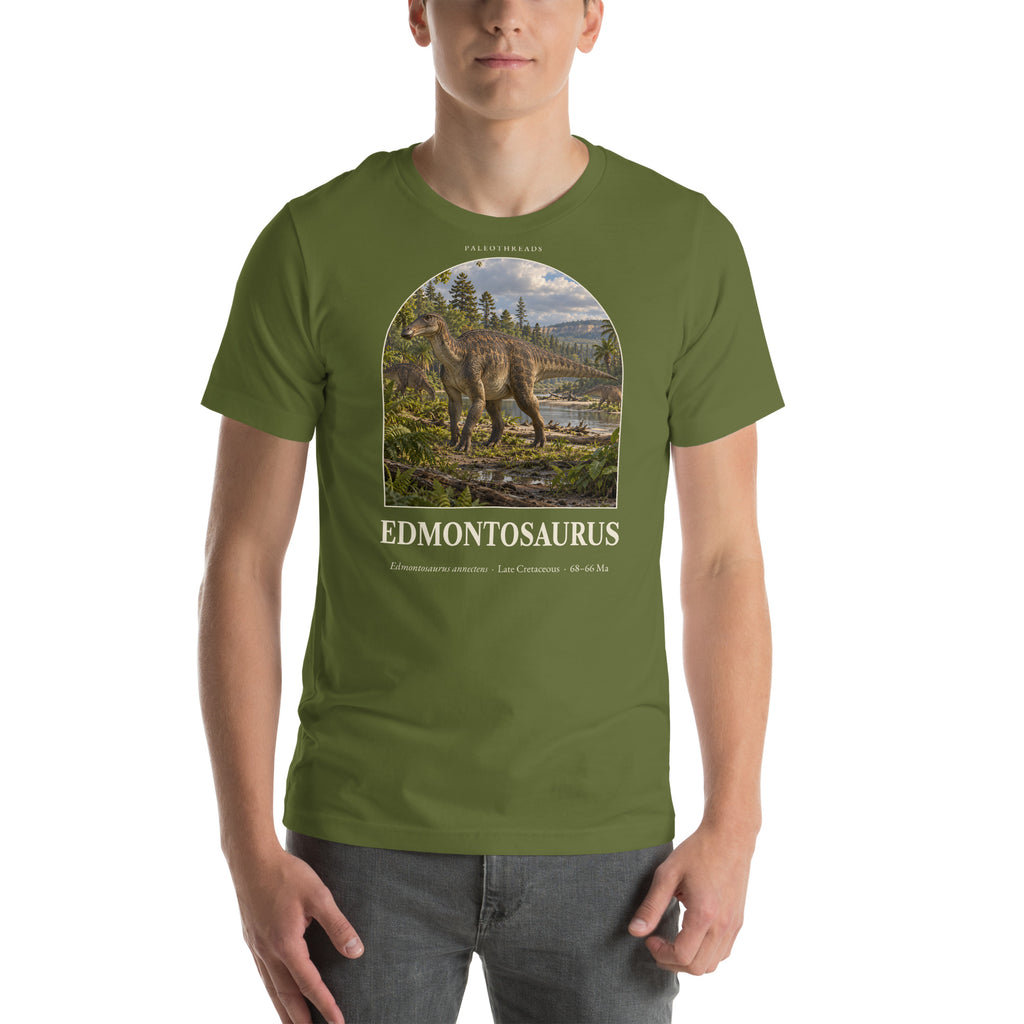 Edmontosaurus T-shirt in Olive — Deep Time Atlas Plate 072, PaleoThreads