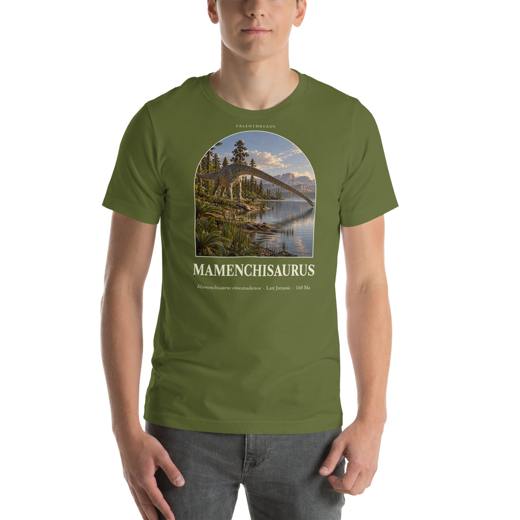 Mamenchisaurus T-shirt in Olive — Deep Time Atlas Plate 052, PaleoThreads