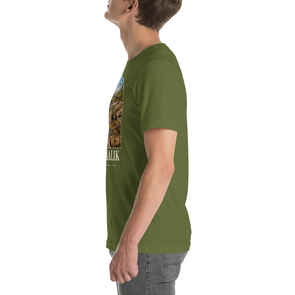 Tiktaalik T-shirt in Olive, left view — Deep Time Atlas Plate 144, PaleoThreads
