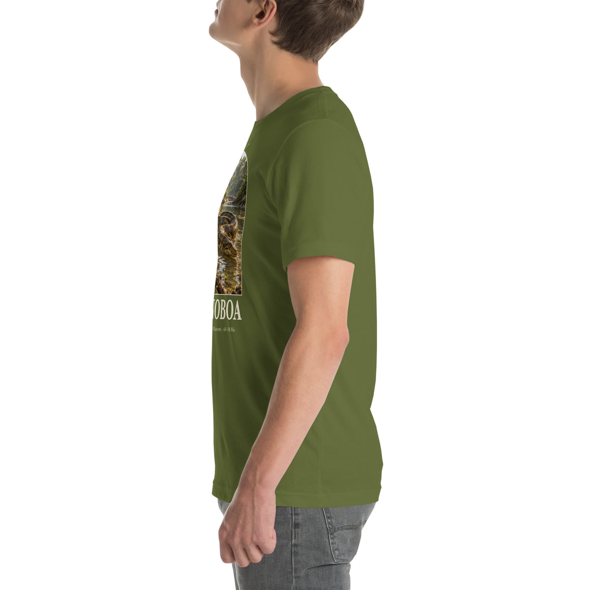 Titanoboa T-shirt in Olive, left view — Deep Time Atlas Plate 128, PaleoThreads