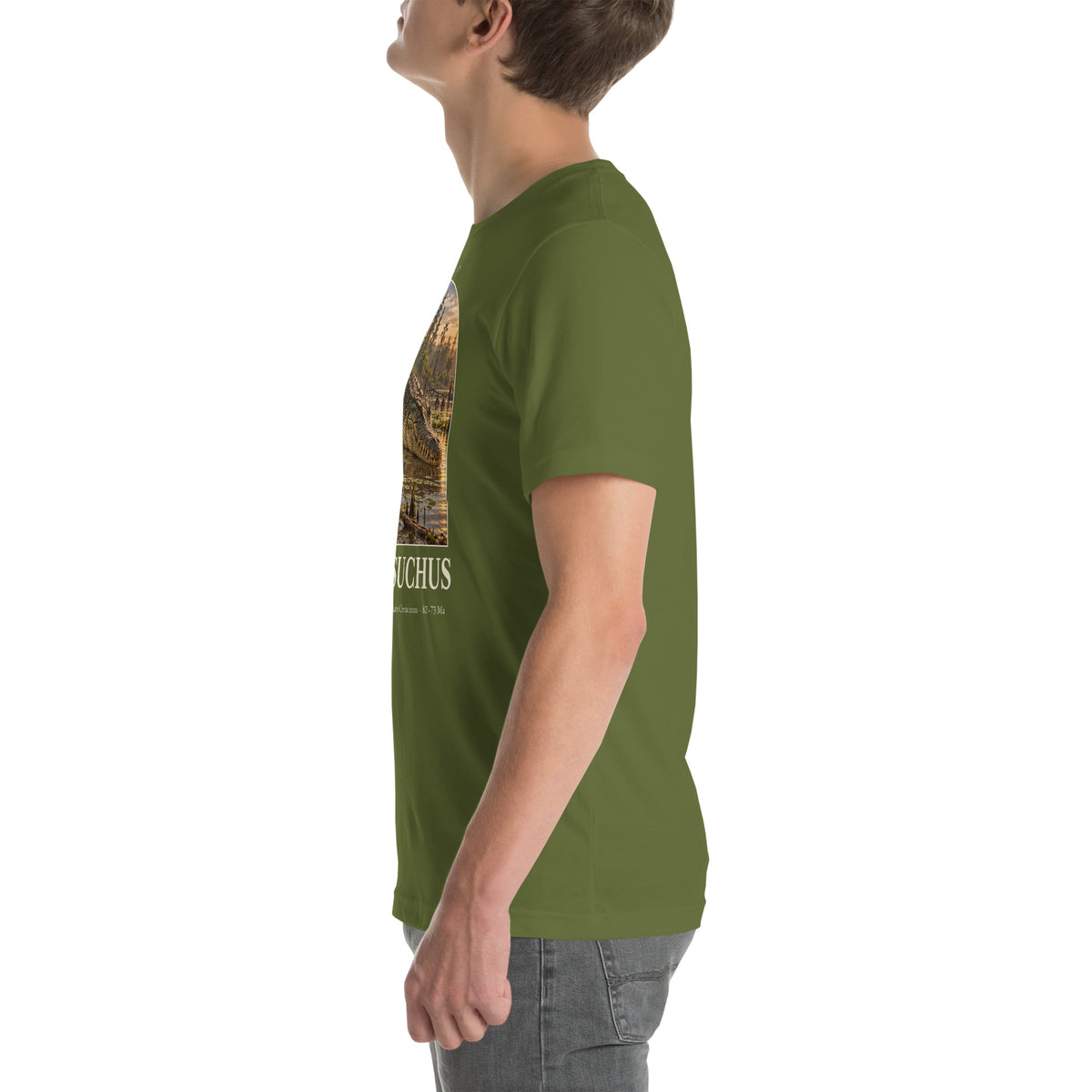 Deinosuchus T-shirt in Olive, left view — Deep Time Atlas Plate 123, PaleoThreads