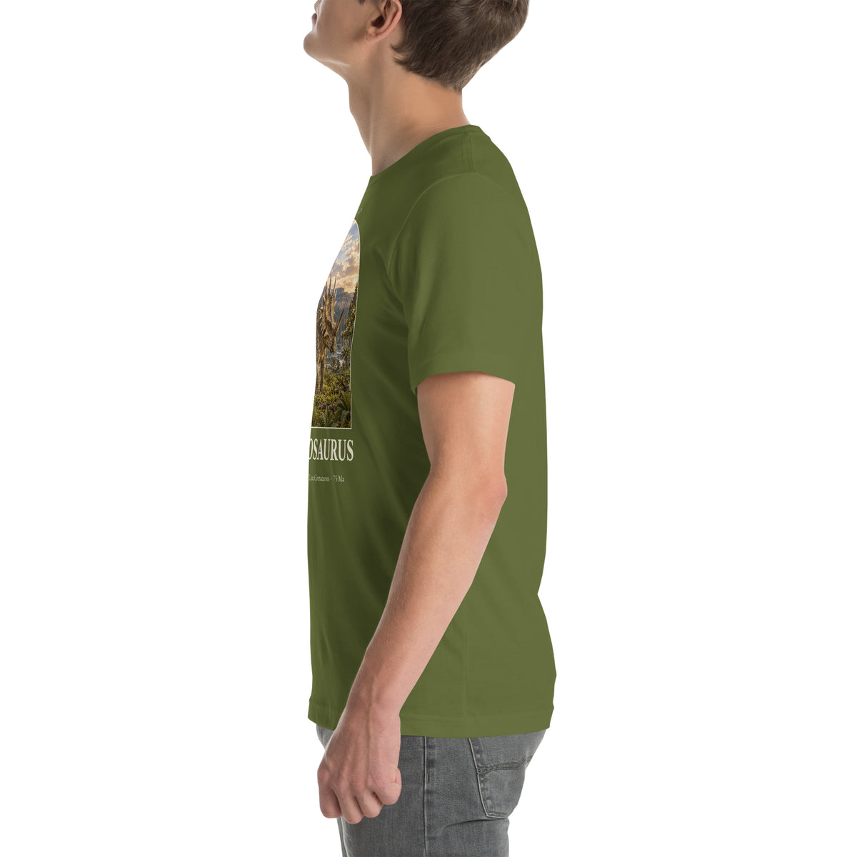 Styracosaurus T-shirt in Olive, left view — Deep Time Atlas Plate 059, PaleoThreads
