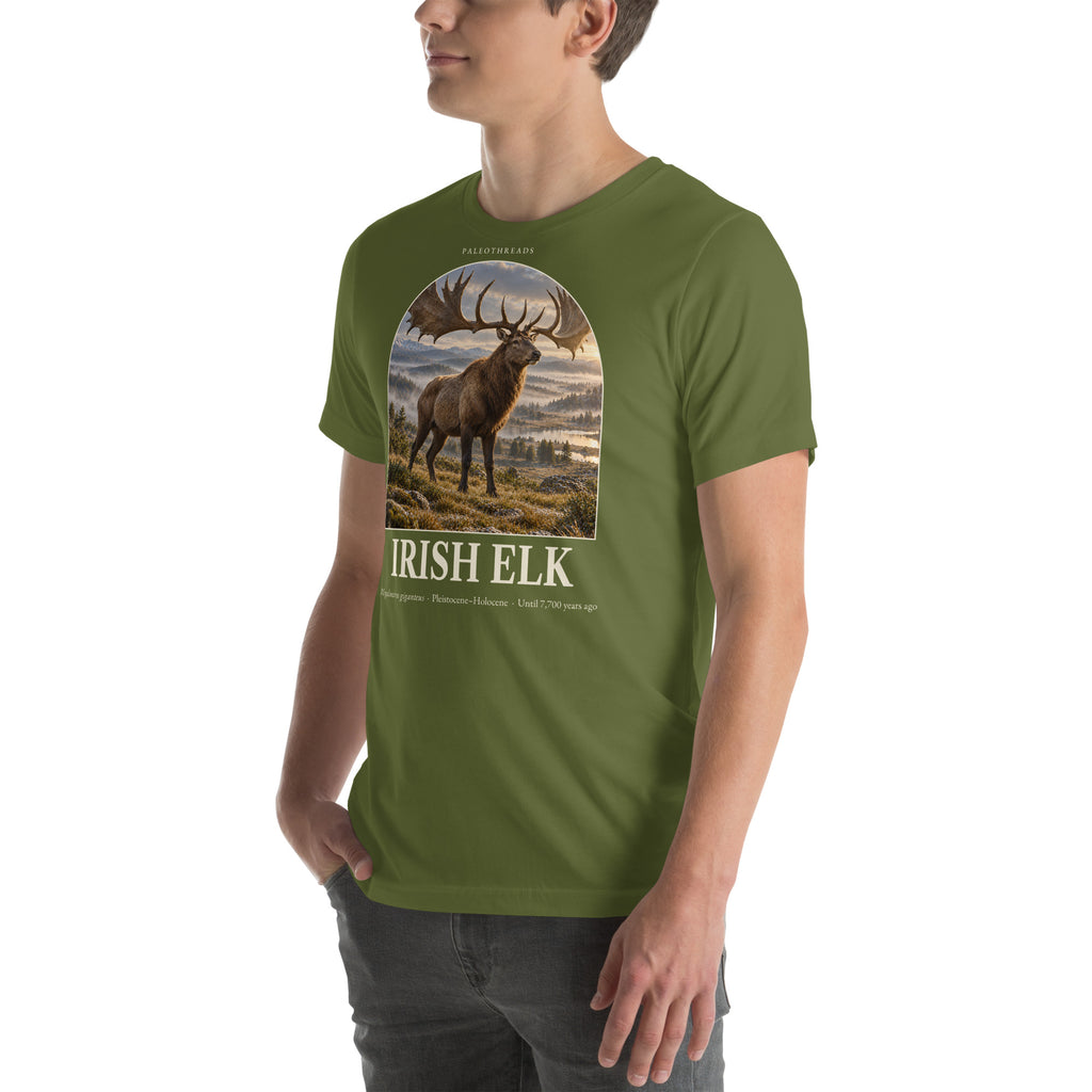 Irish elk T-shirt in Olive, left front view — Deep Time Atlas Plate 162, PaleoThreads