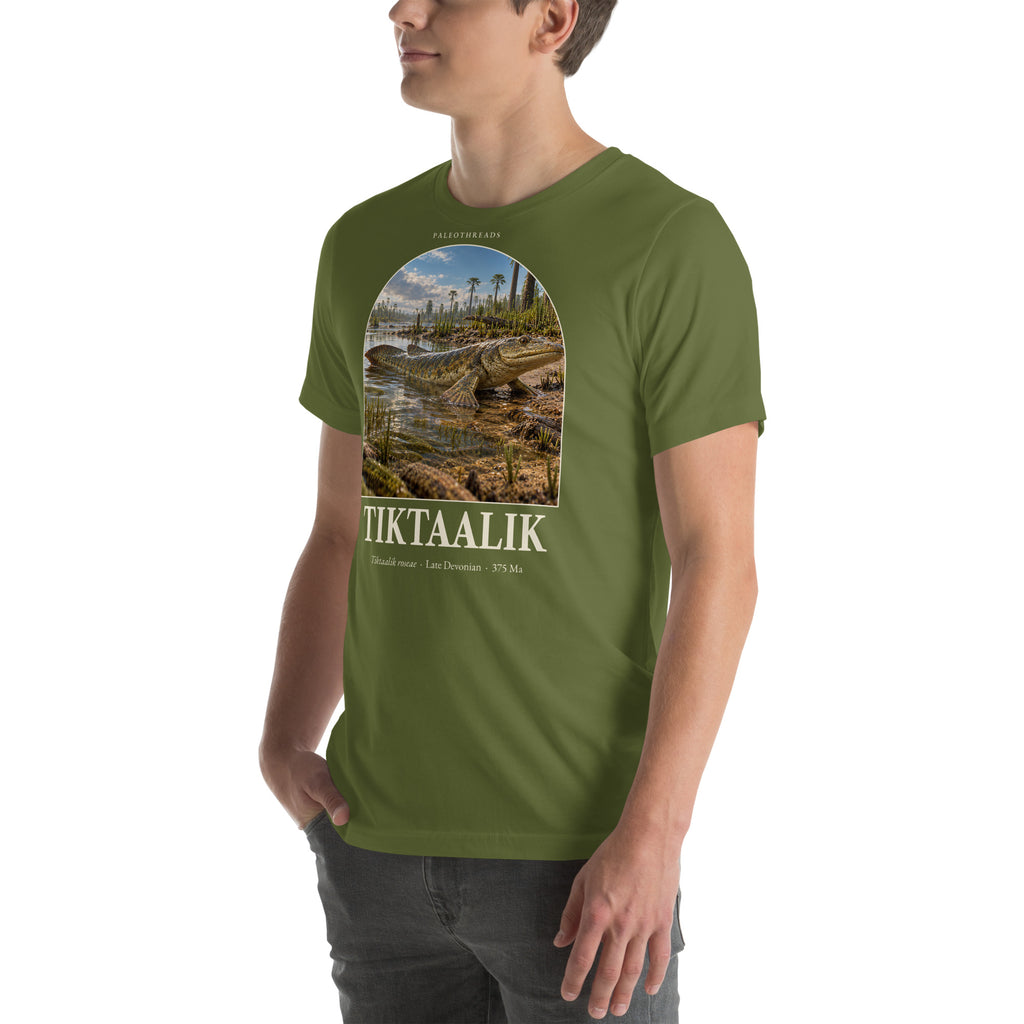 Tiktaalik T-shirt in Olive, left front view — Deep Time Atlas Plate 144, PaleoThreads