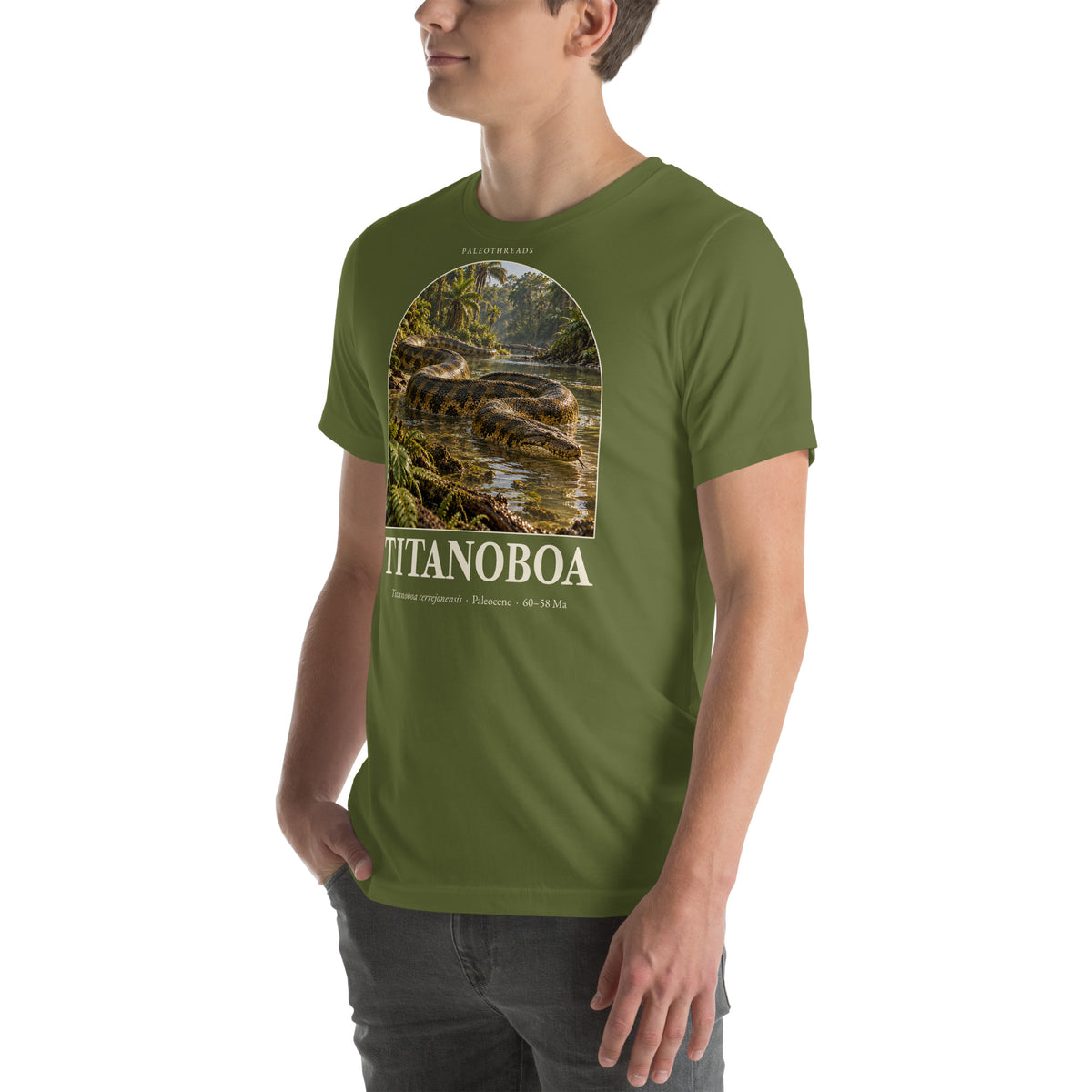 Titanoboa T-shirt in Olive, left front view — Deep Time Atlas Plate 128, PaleoThreads