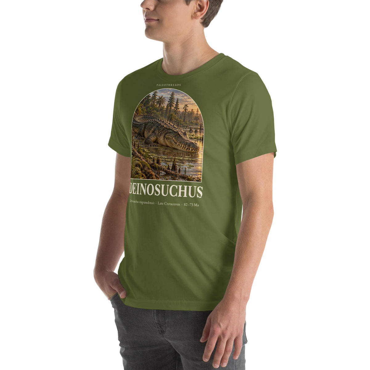 Deinosuchus T-shirt in Olive, left front view — Deep Time Atlas Plate 123, PaleoThreads