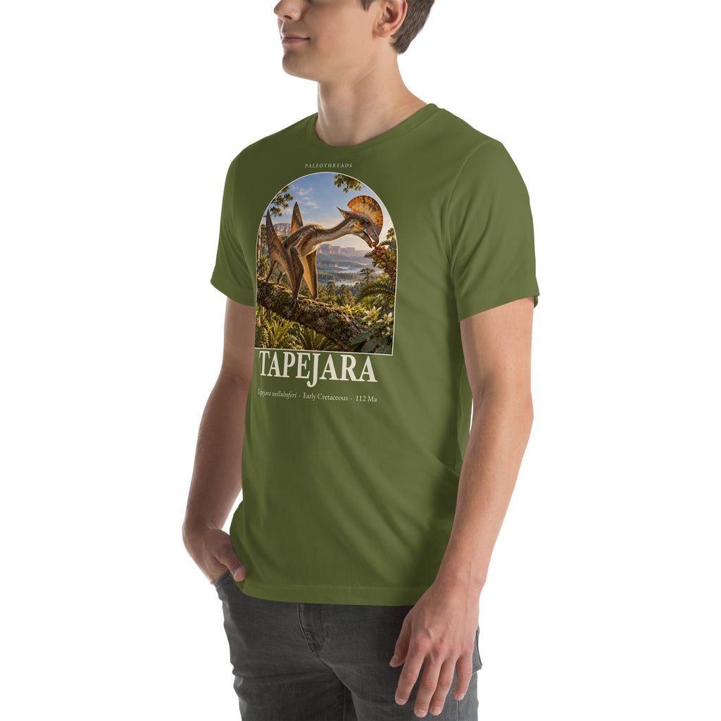 Tapejara T-shirt in Olive, left front view — Deep Time Atlas Plate 103, PaleoThreads