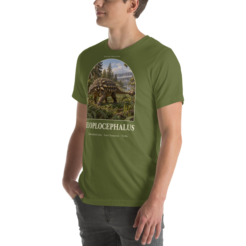 Euoplocephalus T-shirt in Olive, left front view — Deep Time Atlas Plate 084, PaleoThreads