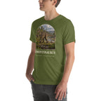 Edmontosaurus T-shirt in Olive, left front view — Deep Time Atlas Plate 072, PaleoThreads