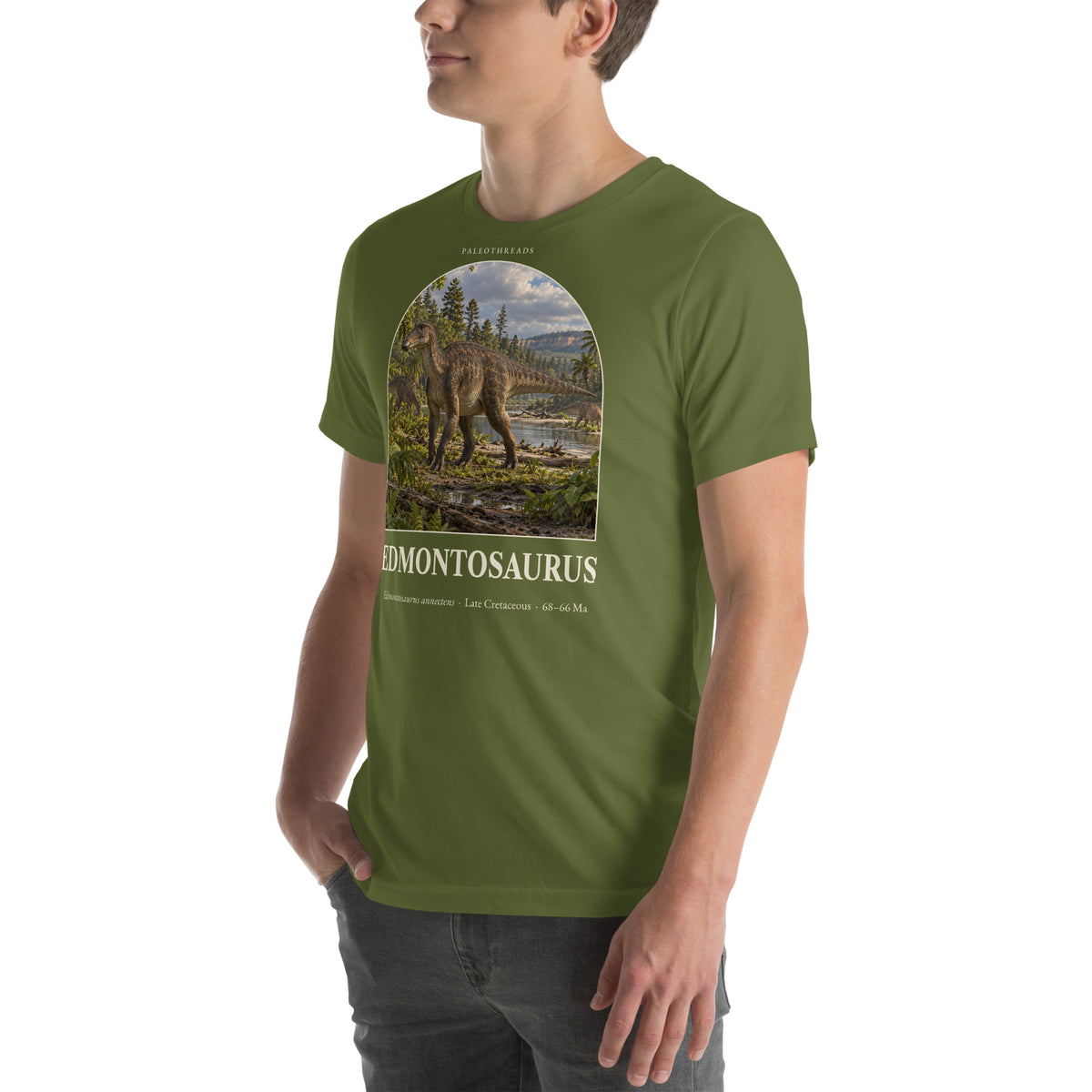 Edmontosaurus T-shirt in Olive, left front view — Deep Time Atlas Plate 072, PaleoThreads