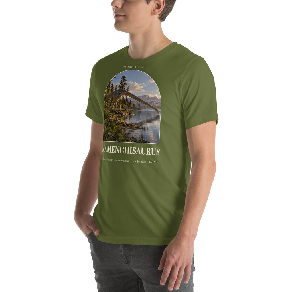 Mamenchisaurus T-shirt in Olive, left front view — Deep Time Atlas Plate 052, PaleoThreads
