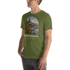 Mamenchisaurus T-shirt in Olive, left front view — Deep Time Atlas Plate 052, PaleoThreads