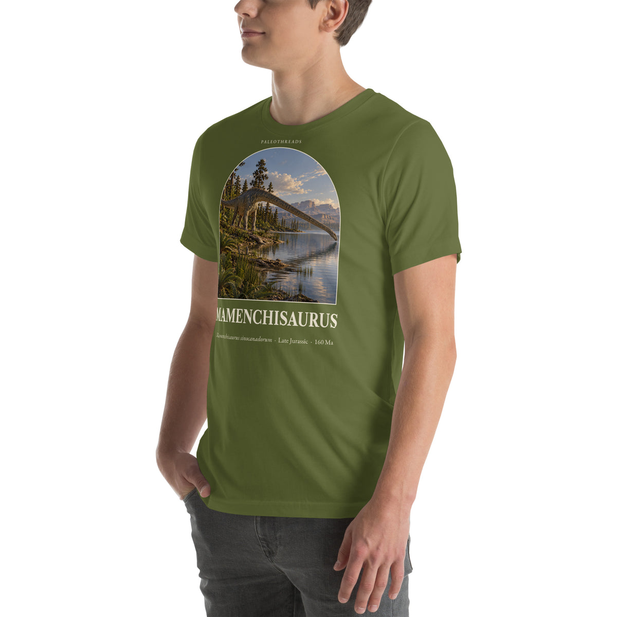 Mamenchisaurus T-shirt in Olive, left front view — Deep Time Atlas Plate 052, PaleoThreads