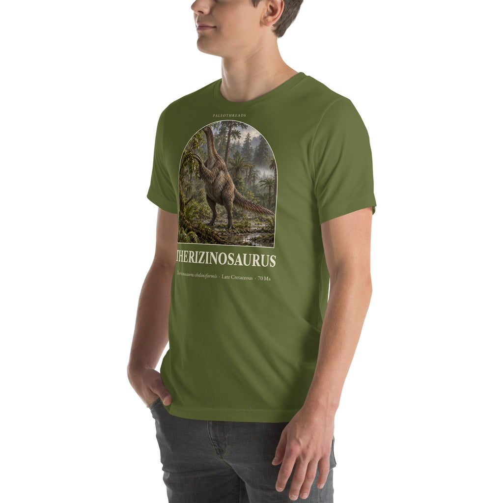 Therizinosaurus T-shirt in Olive, left front view — Deep Time Atlas Plate 016, PaleoThreads