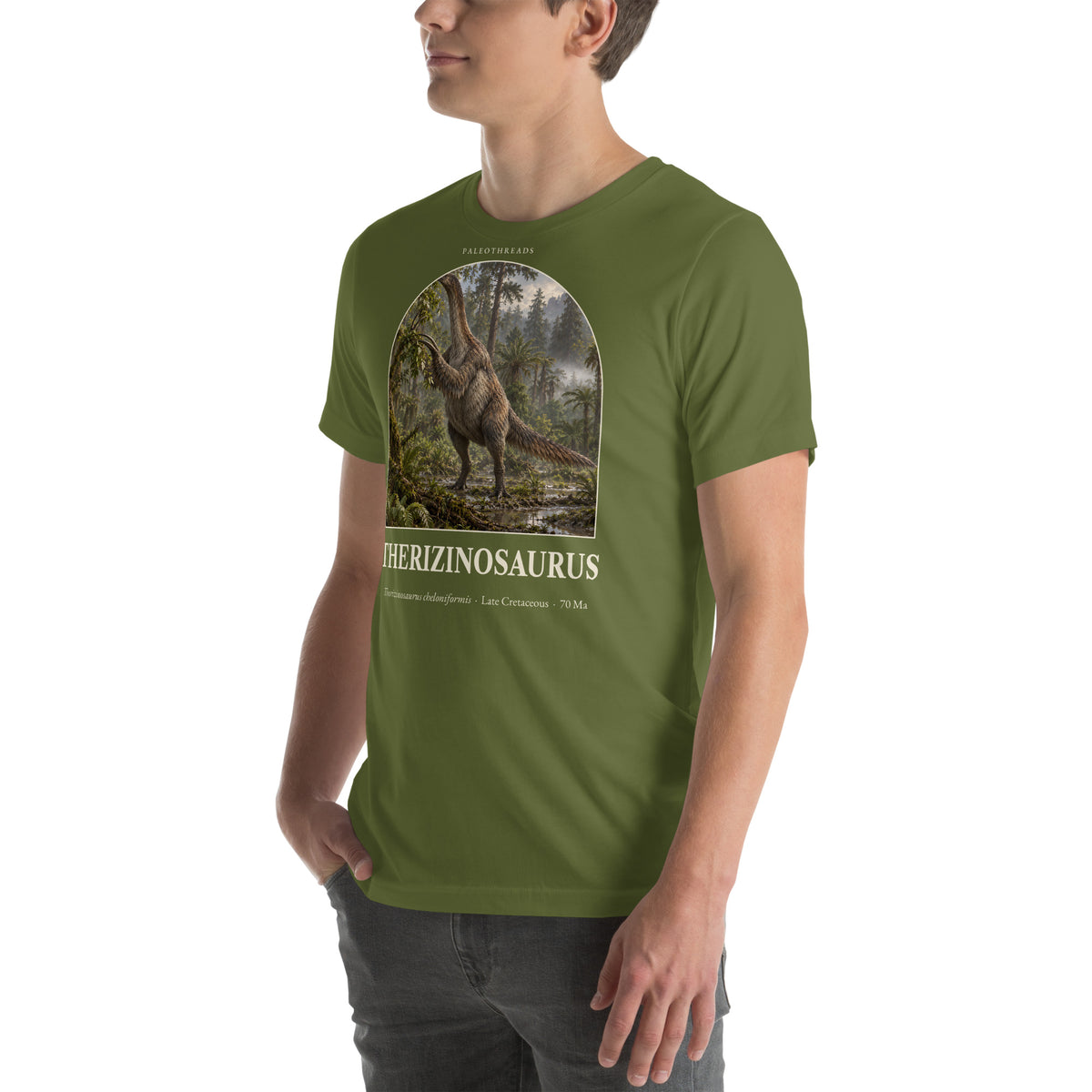 Therizinosaurus T-shirt in Olive, left front view — Deep Time Atlas Plate 016, PaleoThreads