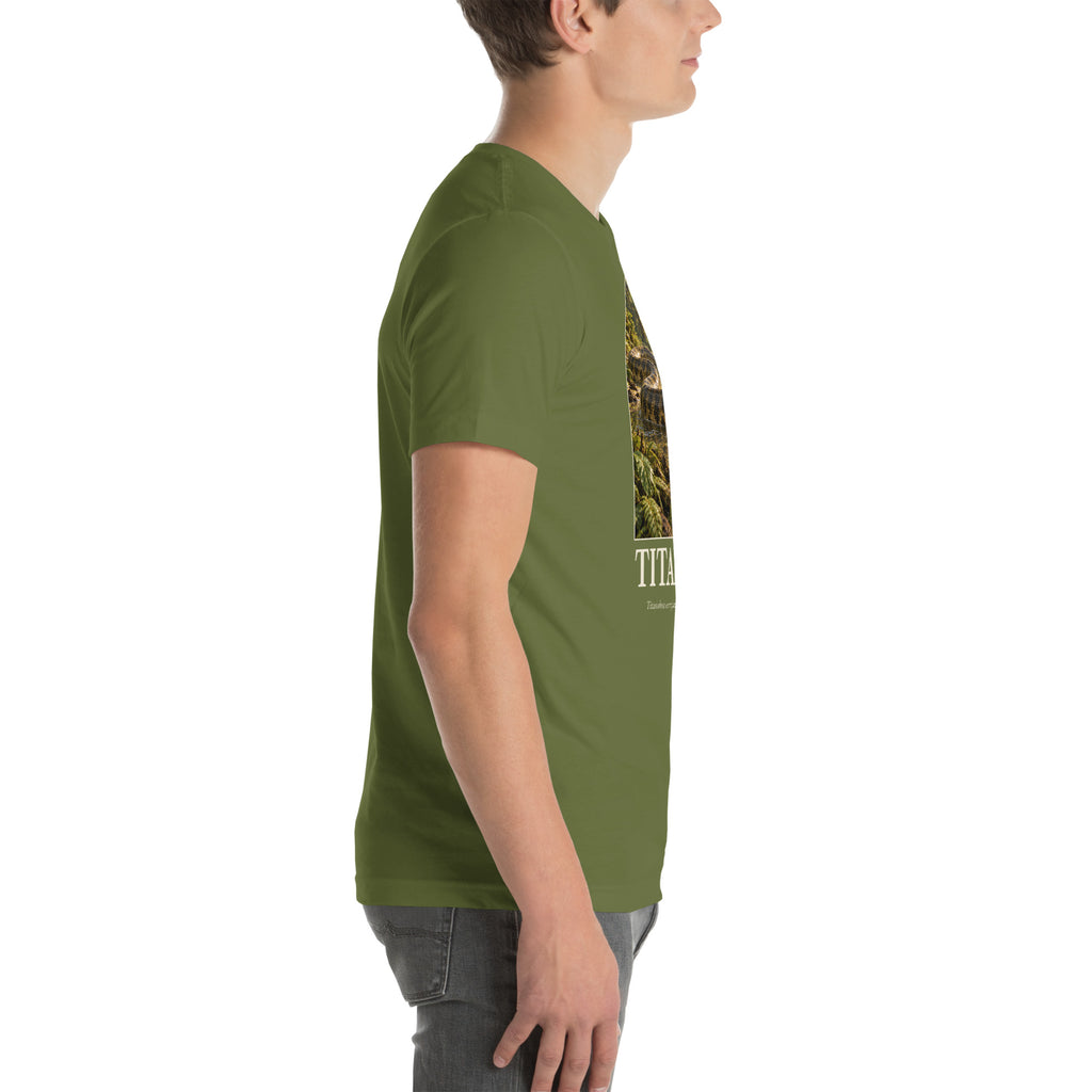 Titanoboa T-shirt in Olive, right view — Deep Time Atlas Plate 128, PaleoThreads